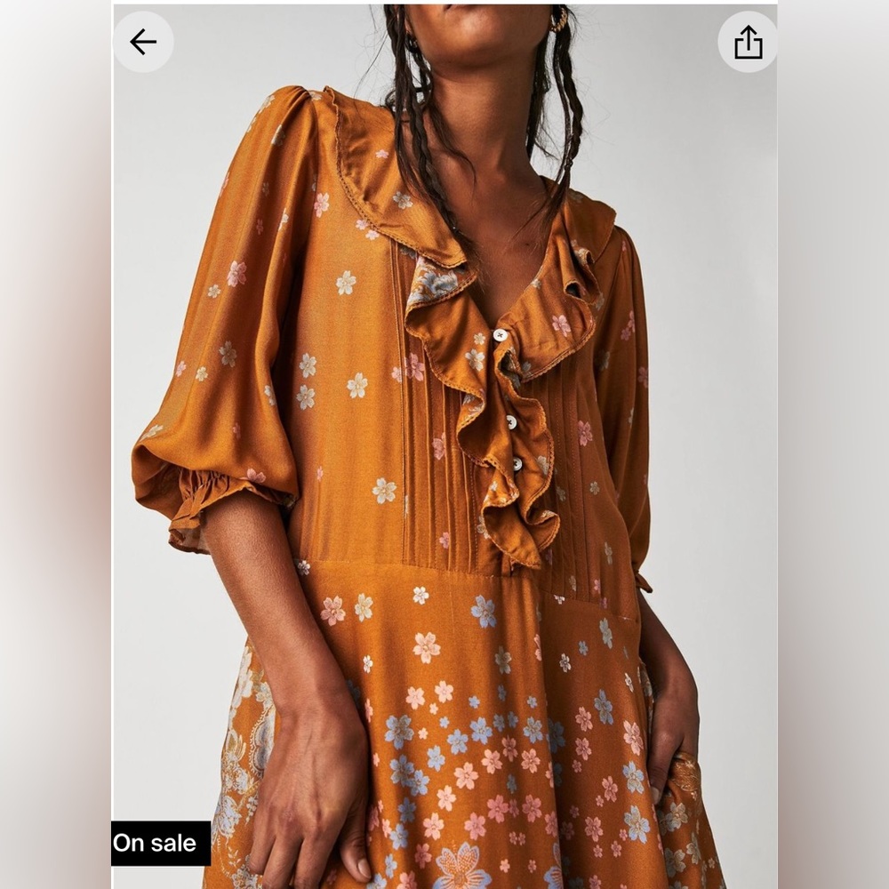 Free People Floral Ruffle Maxi Dress in Mustard and Pink